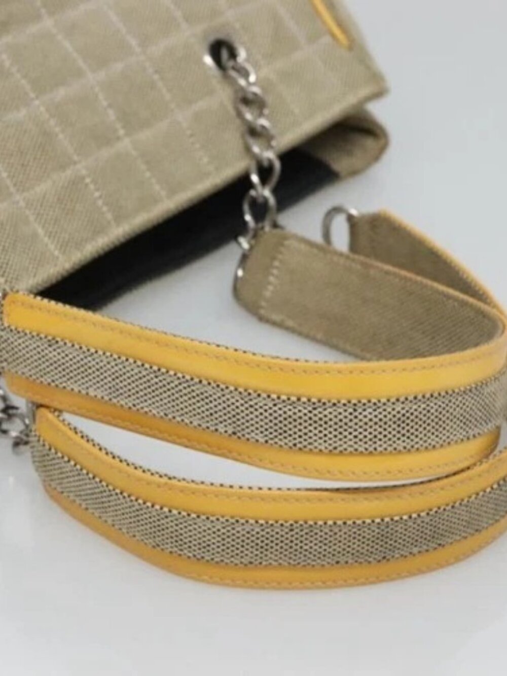 CHANEL Choco Bar Tote Bag Canvas Beige Yellow CC Auth 116301 - Picture 7 of 15